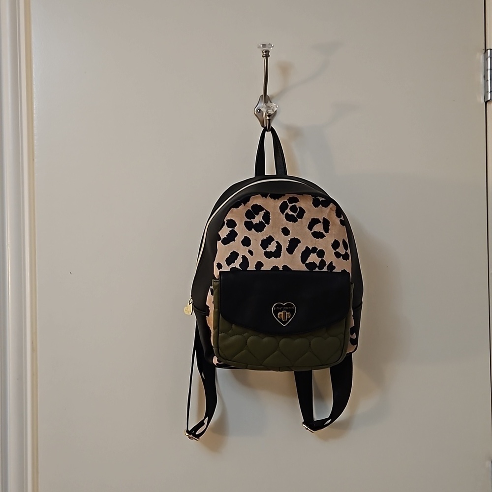 BETSEY JOHNSON Velvet Leopard Print Quilted Olive Green Mini Backpack - Picture 2 of 13